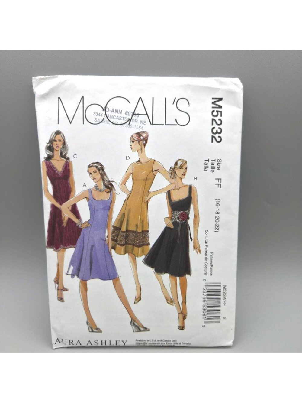 McCalls M5232 Laura Ashley Womens Lined Dress Sewing Pattern Size FF 16-22